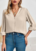 Woman wearing a beige blouse a Chiffon V-Neck Button-Down Shirt - Long Sleeve Business Casual Blouse