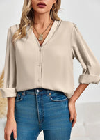 Woman wearing a beige blouse a Chiffon V-Neck Button-Down Shirt - Long Sleeve Business Casual Blouse