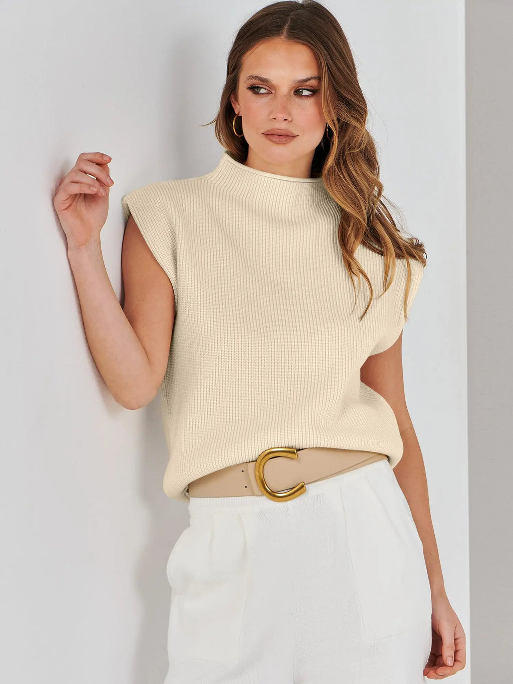 Sleeveless Sweater Vest – Soft Knit Cap Sleeve Pullover Top (Beige) - The Gildress