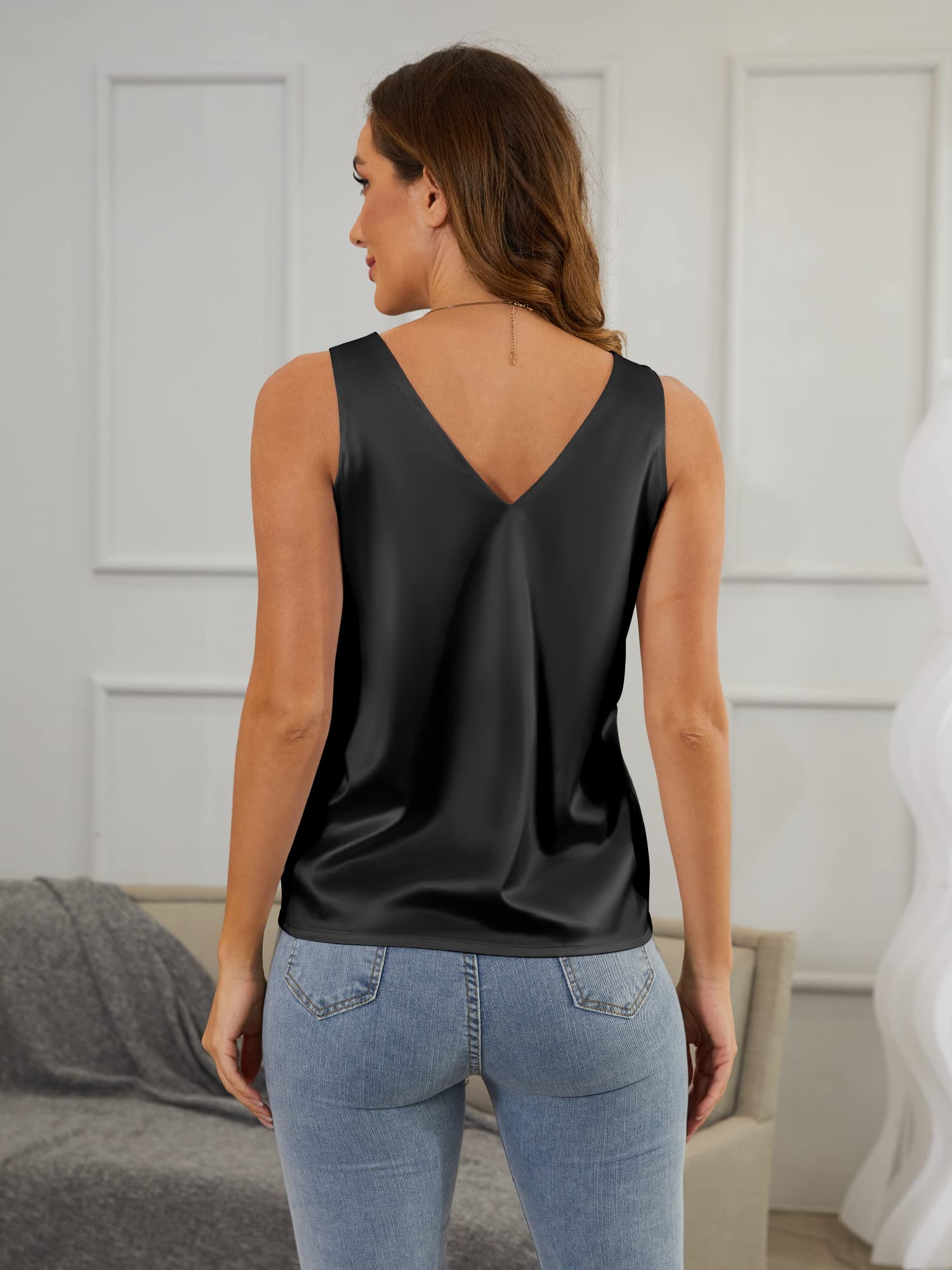 Satin Tank Top – V-Neck Satin Sleeveless Top (Black) The Gildress