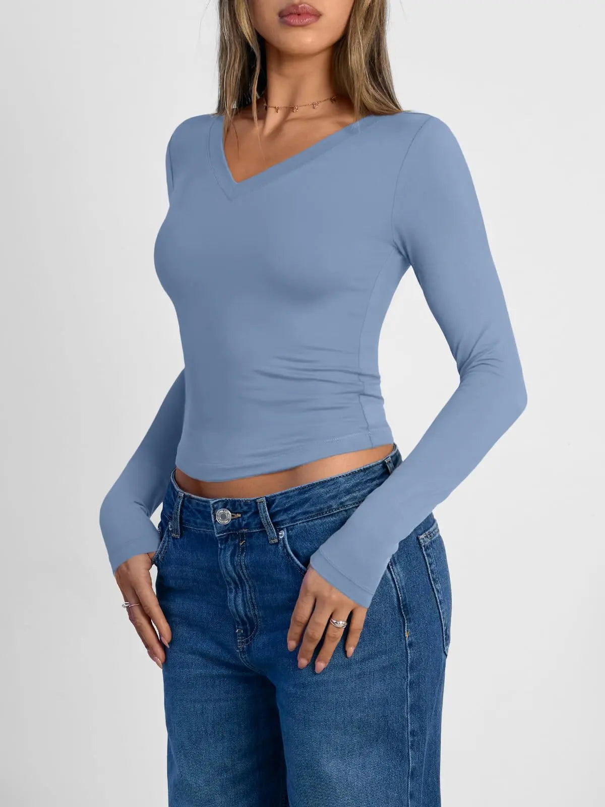 Slim Fit V-Neck Crop Top | Fashion & Workout Basic - V-Neck Long Sleeve Top for Women (Blue) - The Gildress