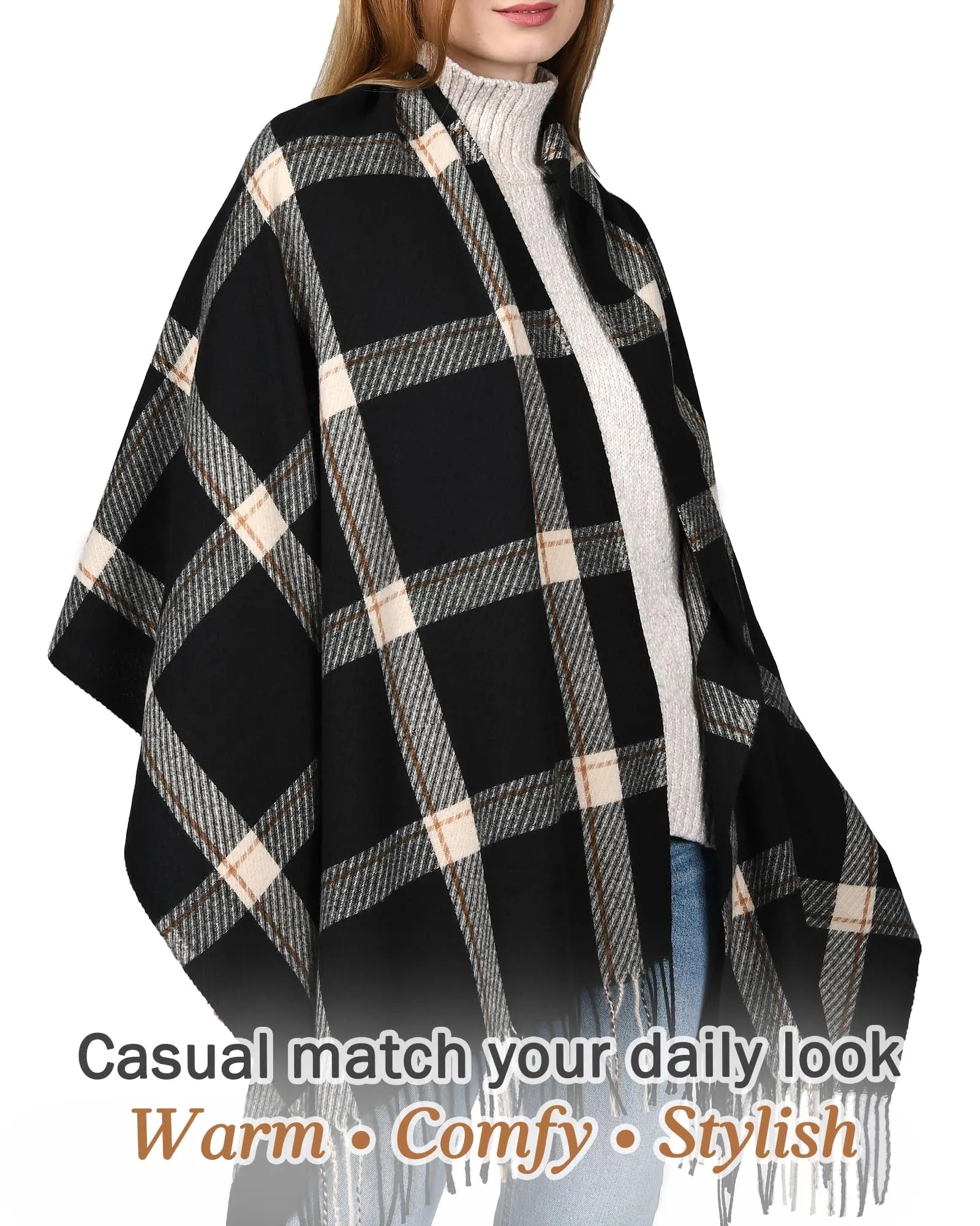 Winter Scarf for Women – Soft Plaid Blanket Shawl with Tassels (Black) - The Gildress