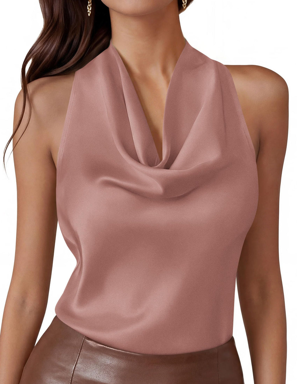 Halter Crop Top – Silk Satin Cowl Neck Blouse (Pink) The Gildress