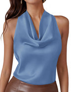 Halter Crop Top – Silk Satin Cowl Neck Blouse (Blue) The Gildress