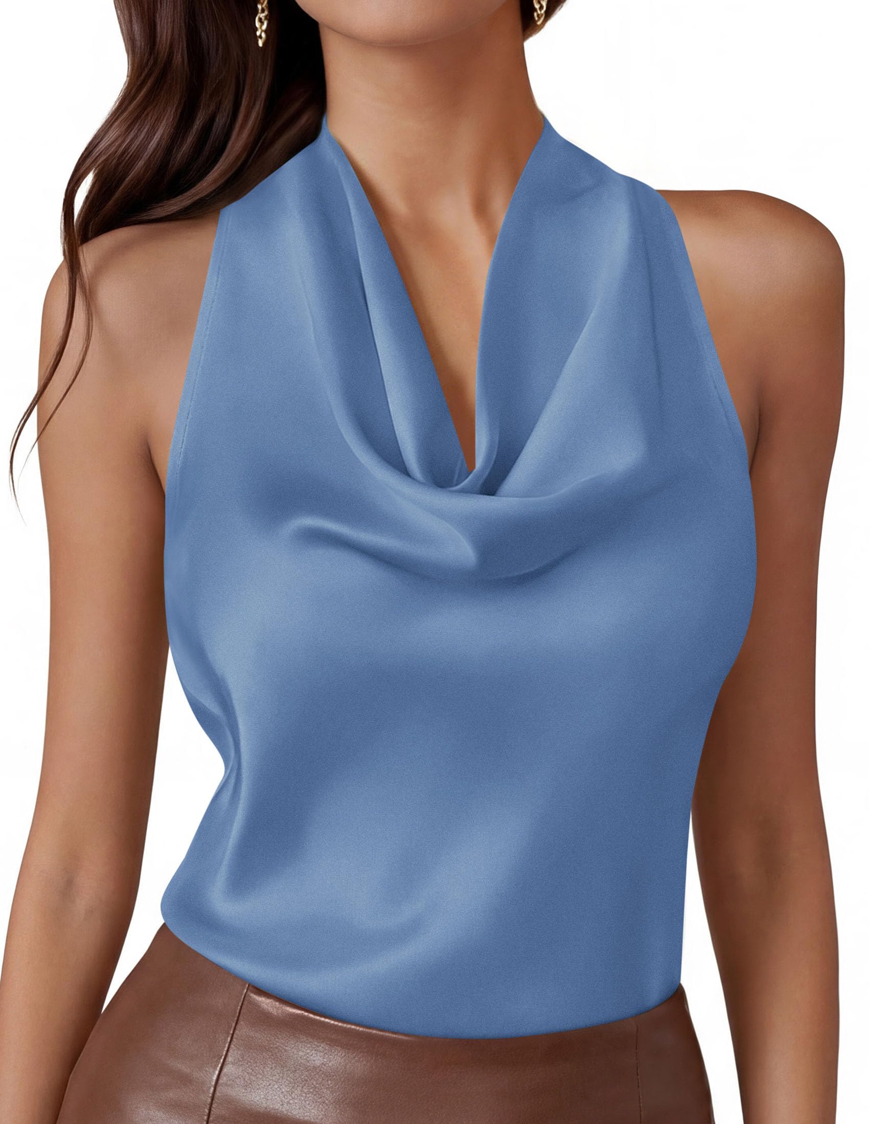 Halter Crop Top – Silk Satin Cowl Neck Blouse (Blue) The Gildress