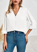 Chiffon V-Neck Button-Down Shirt - Long Sleeve Business Casual Blouse (White) - The Gildress