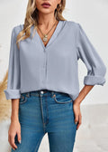 Chiffon V-Neck Button-Down Shirt - Long Sleeve Business Casual Blouse (Blue) - The Gildress