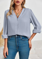 Chiffon V-Neck Button-Down Shirt - Long Sleeve Business Casual Blouse (Blue) - The Gildress