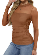 Sheer Top – Ruched Black Mesh Long Sleeve Top (Brown) The Gildress