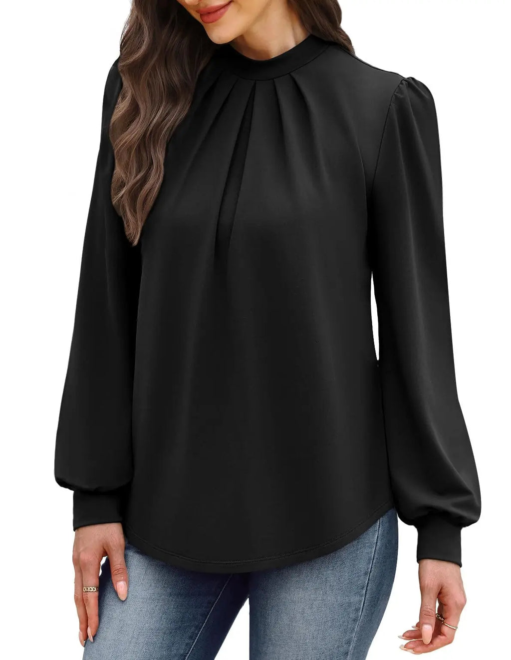Mock Neck Long Sleeve Blouse for Women – Pleated Front Dressy Casual (Black) - The Gildress