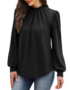 Mock Neck Long Sleeve Blouse for Women – Pleated Front Dressy Casual (Black) - The Gildress