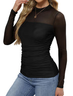 Sheer Top – Ruched Black Mesh Long Sleeve Top (Black) The Gildress