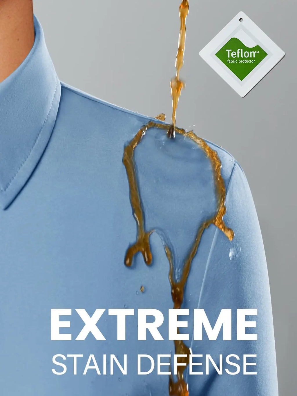 Woman wearing a light blue button-up shirt and jeans on a white background