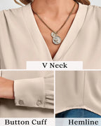 Woman wearing a beige blouse a Chiffon V-Neck Button-Down Shirt - Long Sleeve Business Casual Blouse