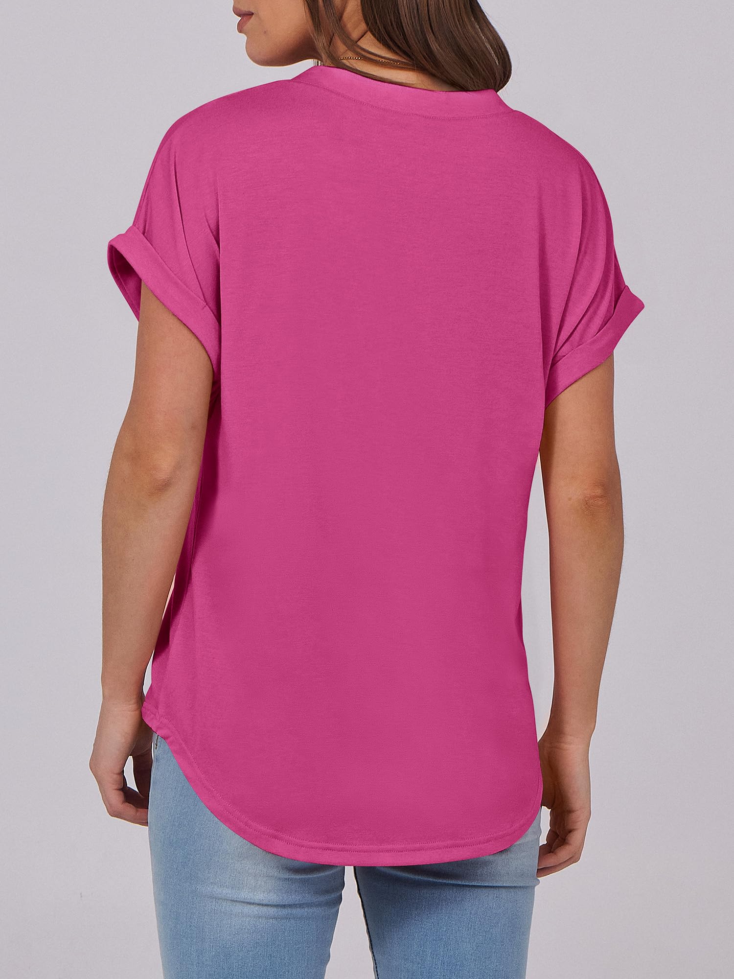 Basic Crop Tops – V Neck Henley Top with Buttons (Hot Pink) The Gildress