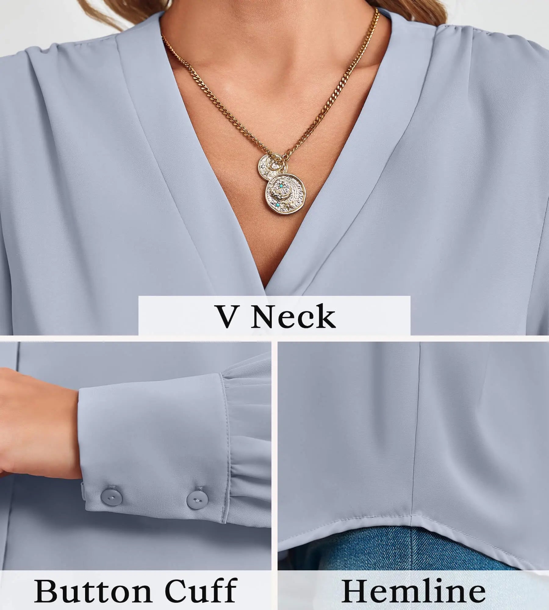 Chiffon V-Neck Button-Down Shirt - Long Sleeve Business Casual Blouse (Blue) - The Gildress