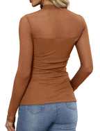 Sheer Top – Ruched Black Mesh Long Sleeve Top (Brown) The Gildress