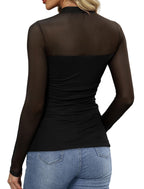 Sheer Top – Ruched Black Mesh Long Sleeve Top (Black) The Gildress