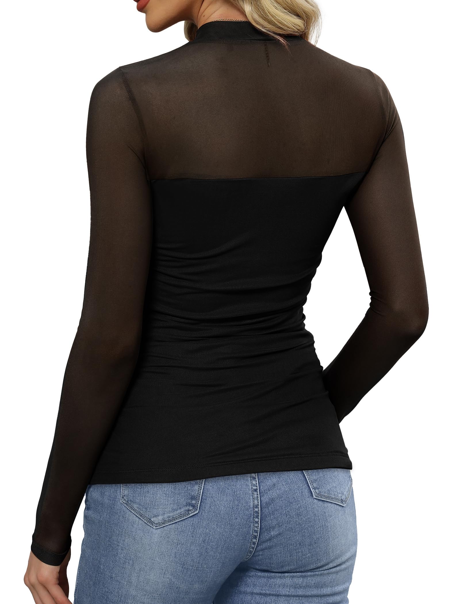 Sheer Top – Ruched Black Mesh Long Sleeve Top (Black) The Gildress