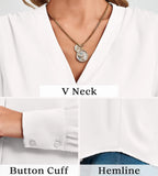 Chiffon V-Neck Button-Down Shirt - Long Sleeve Business Casual Blouse (White) - The Gildress