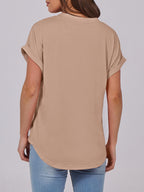 Basic Crop Tops – V Neck Henley Top with Buttons (Khaki) The Gildress