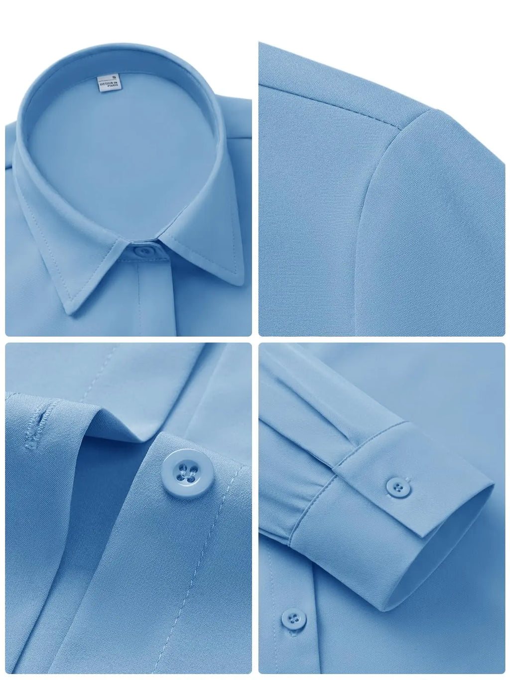 Woman wearing a light blue button-up shirt and jeans on a white background