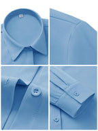 Woman wearing a light blue button-up shirt and jeans on a white background