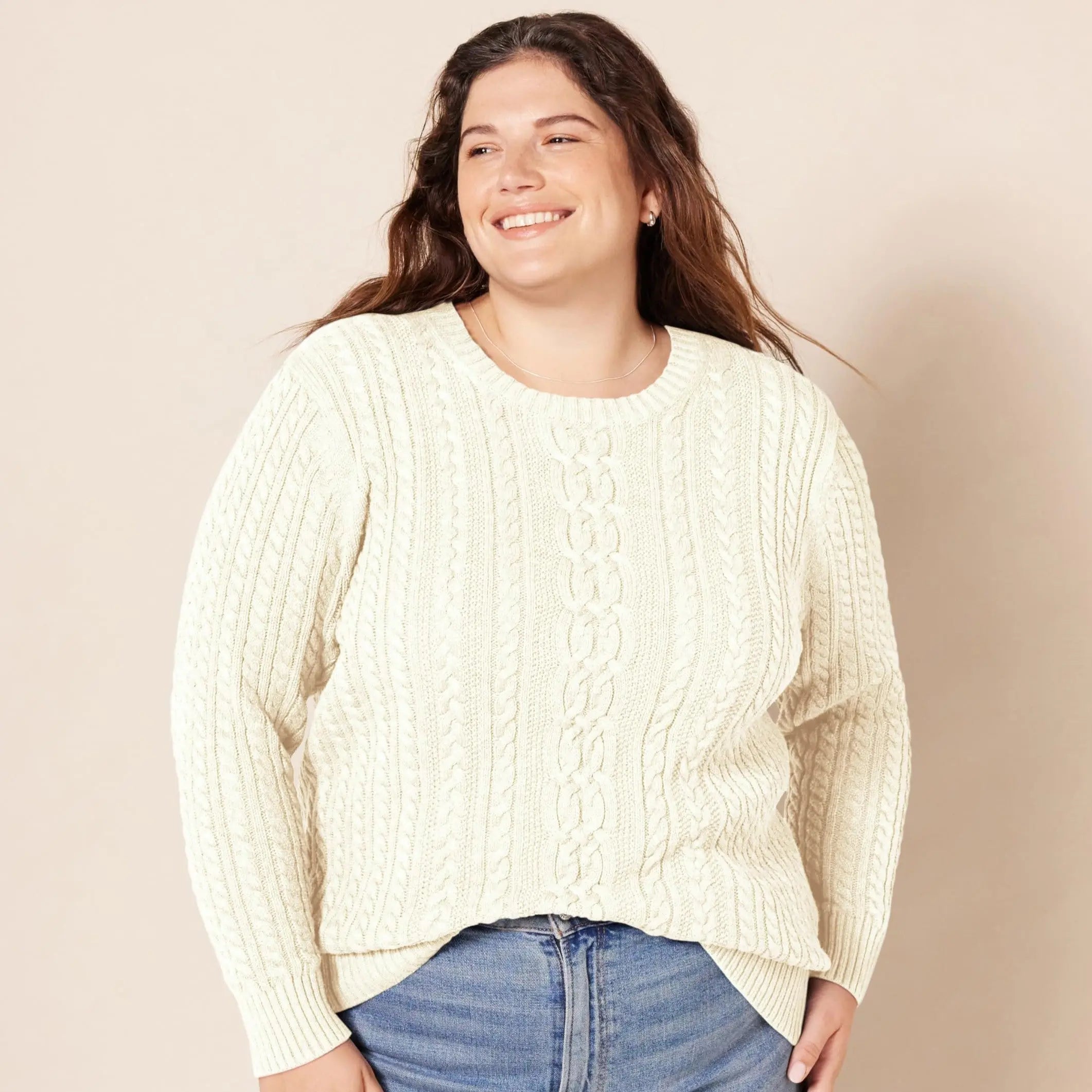100% Cotton Fisherman Cable Crewneck Sweater –  Classic Knit Pullover (Cream) - The Gildress