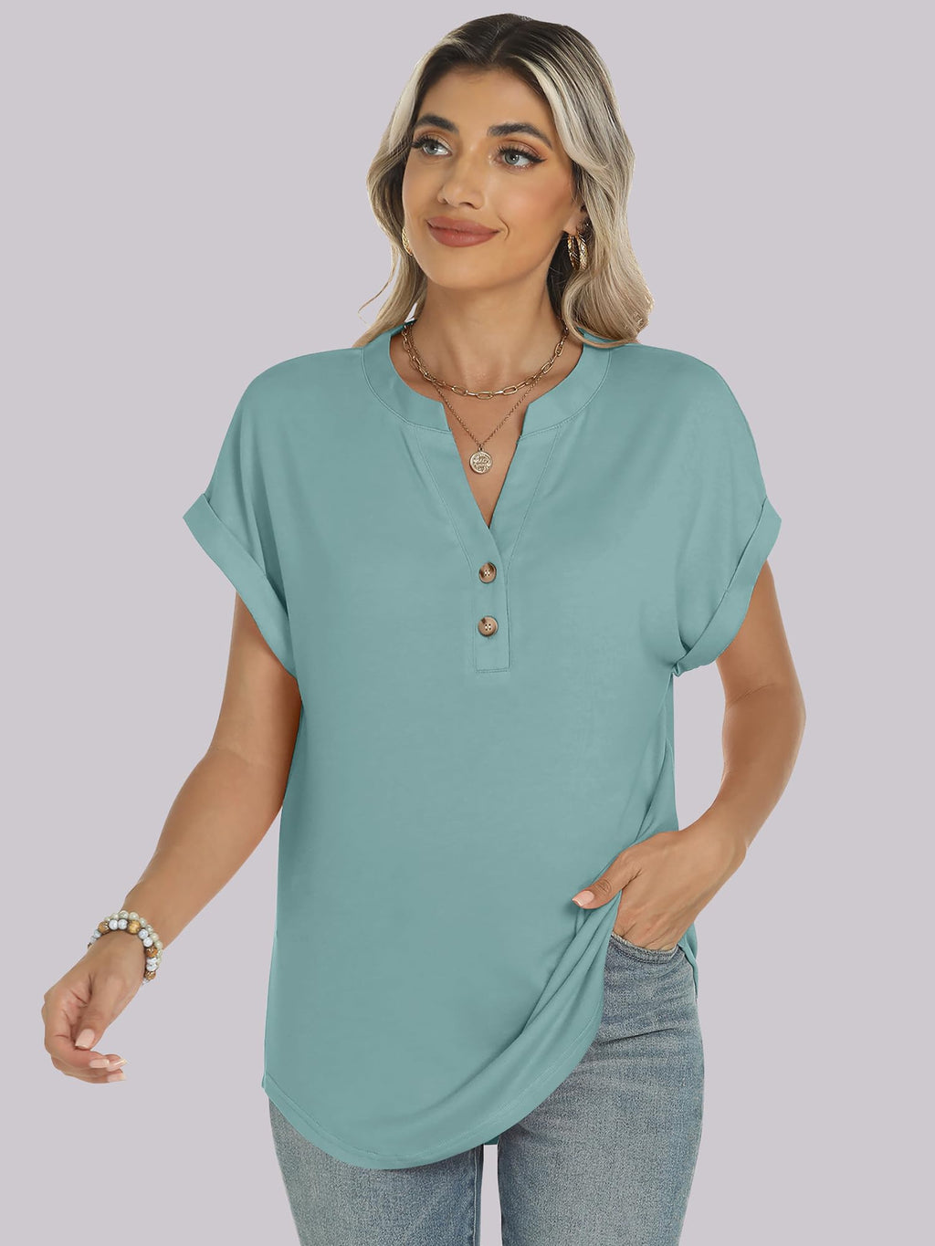 Basic Crop Tops – V Neck Henley Top with Buttons (Cadet Blue) The Gildress