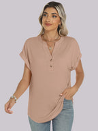 Basic Crop Tops – V Neck Henley Top with Buttons (Khaki) The Gildress