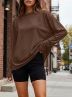 Oversized Long Sleeve T-Shirt for Women - 2026 Casual Crewneck Tee | Y2K Aesthetic Baggy Top (Brown) - The Gildress