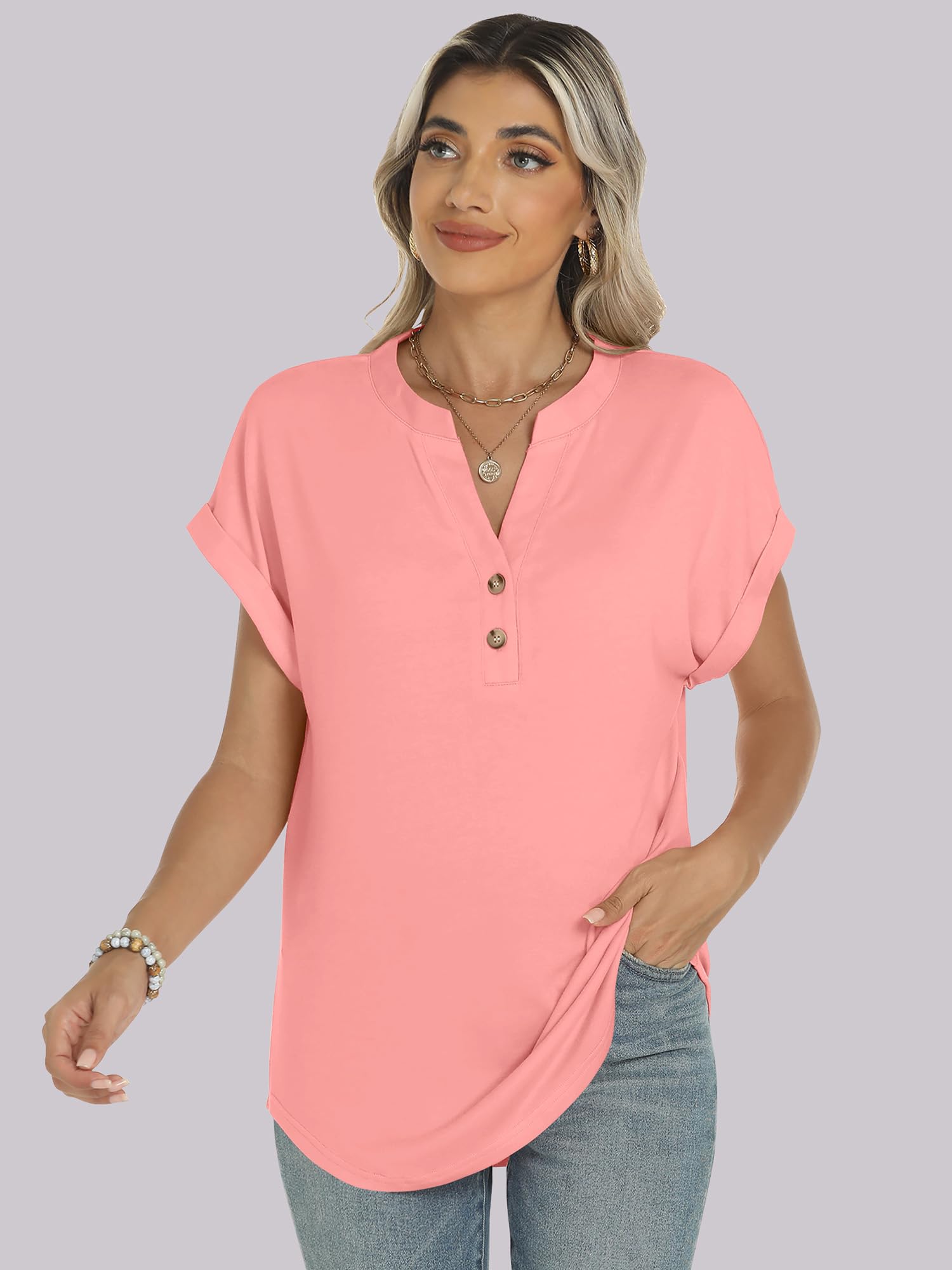 Basic Crop Tops – V Neck Henley Top with Buttons (Pink) The Gildress