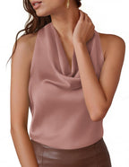 Halter Crop Top – Silk Satin Cowl Neck Blouse (Pink) The Gildress