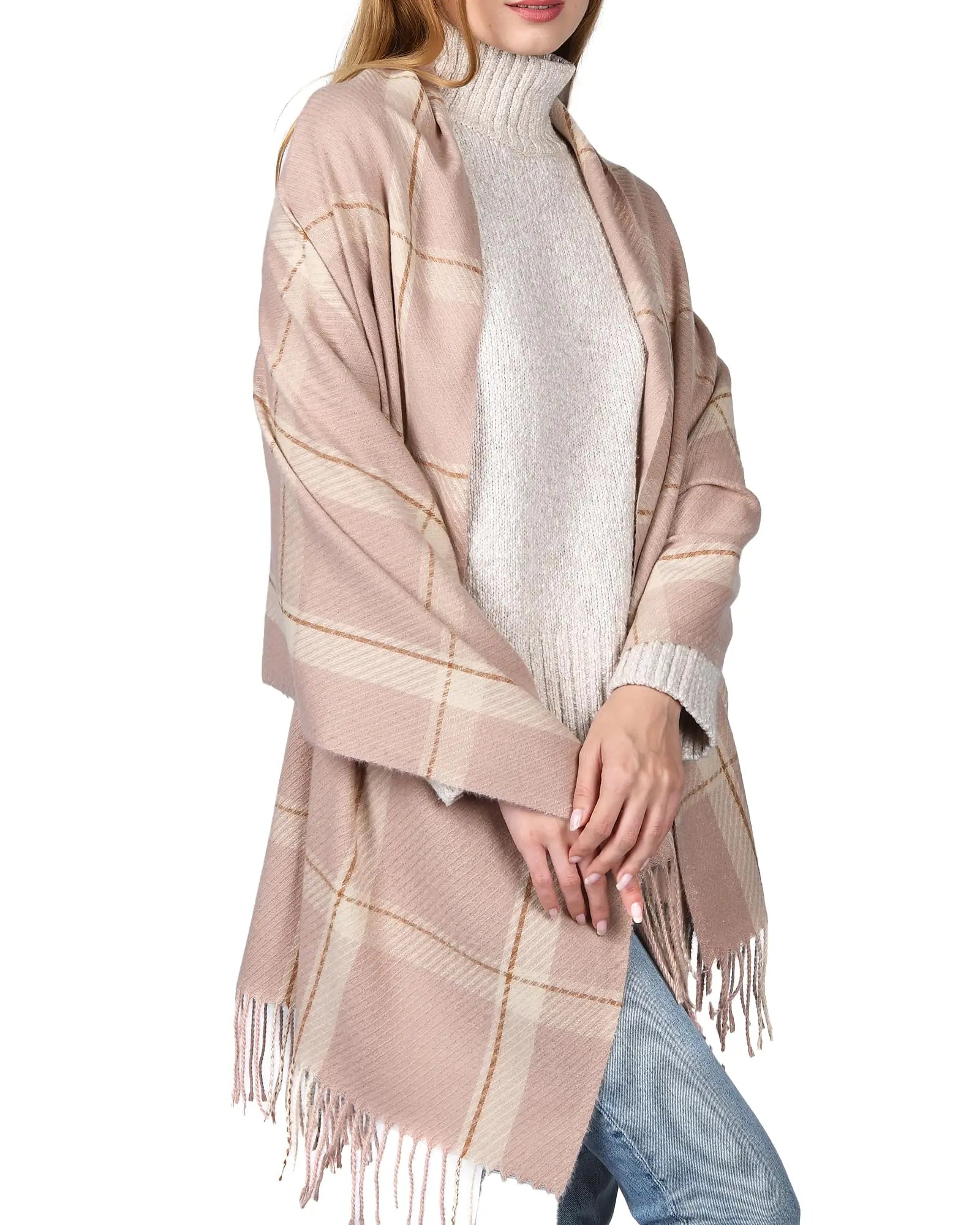 Winter Scarf for Women – Soft Plaid Blanket Shawl with Tassels (Pink) - The Gildress