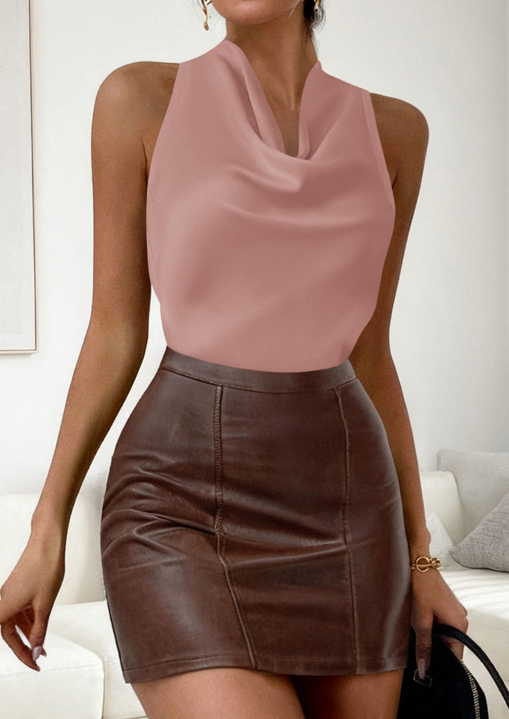 Halter Crop Top – Silk Satin Cowl Neck Blouse (Pink) The Gildress